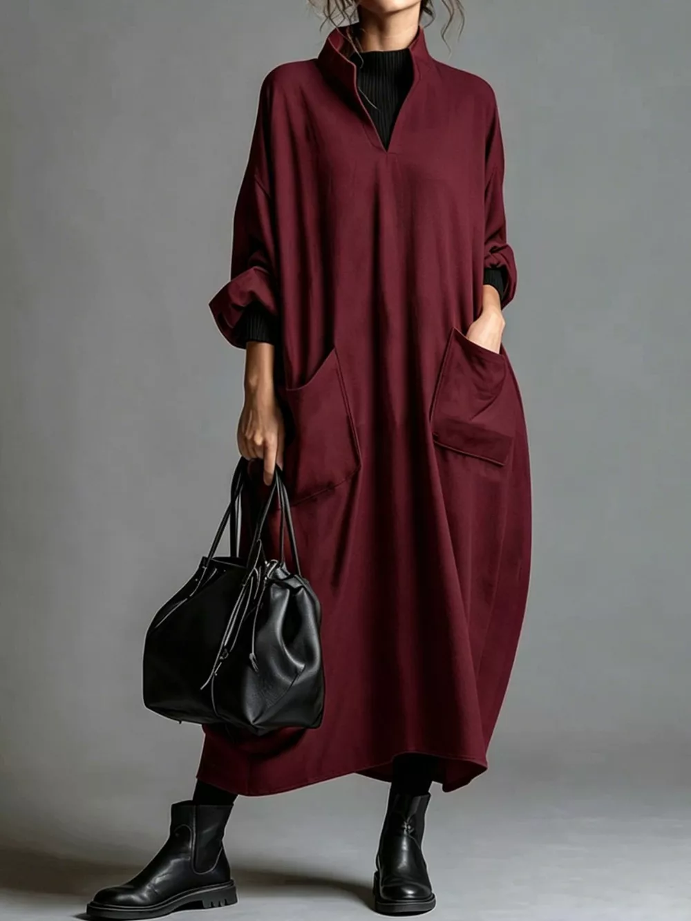 Full Size Loose-Fit Mock Neck Midi Dress with Pockets Plus Size, image 23