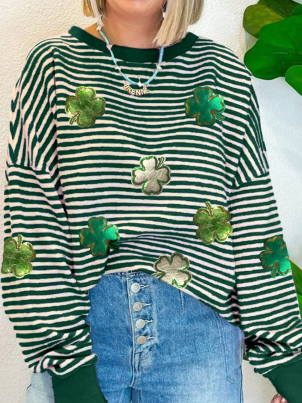Stripe Lucky Clover Drop Shoulder Sweatshirt, image 2