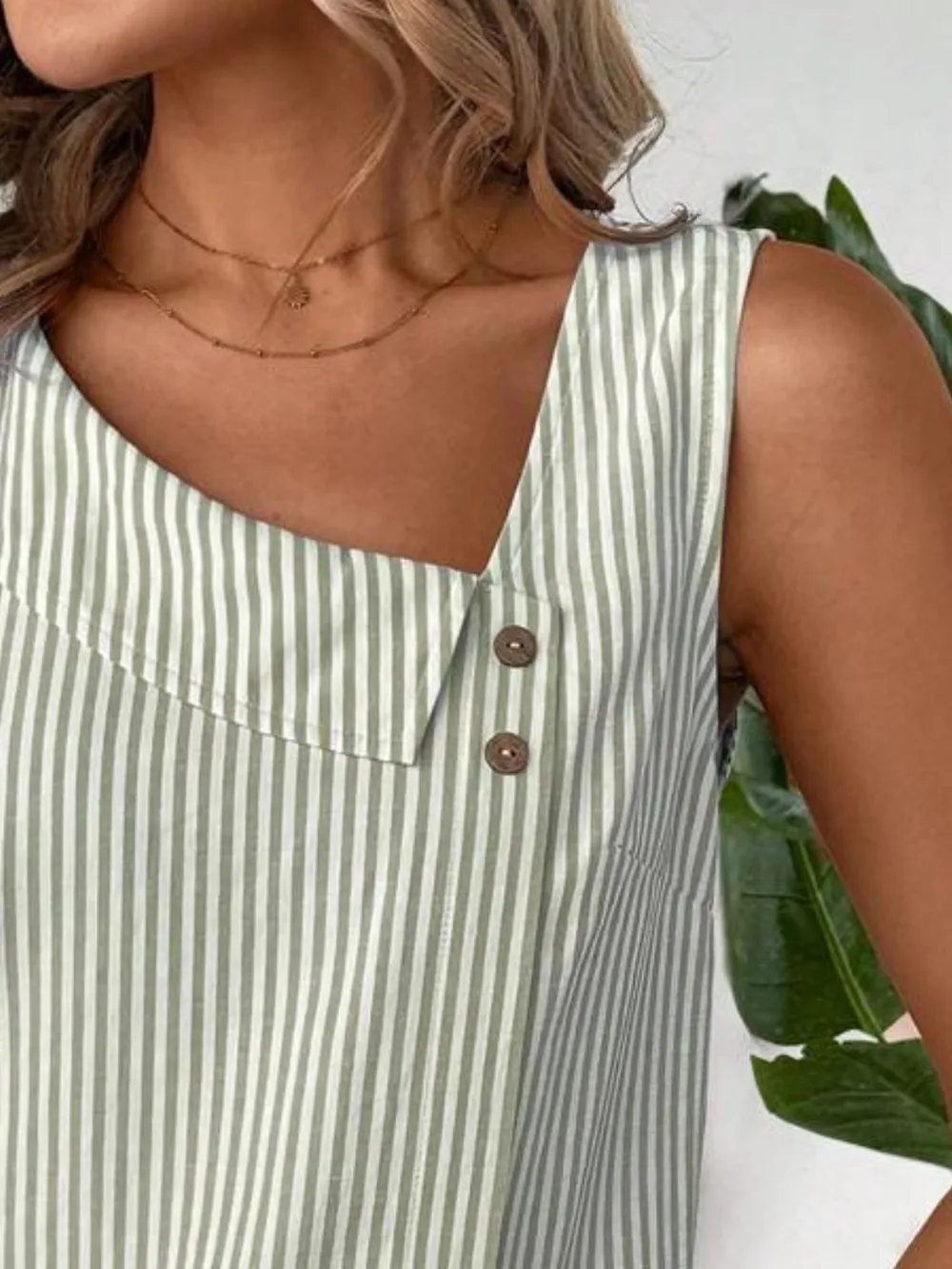 Decorative Button Asymmetrical Striped Tank, image 2