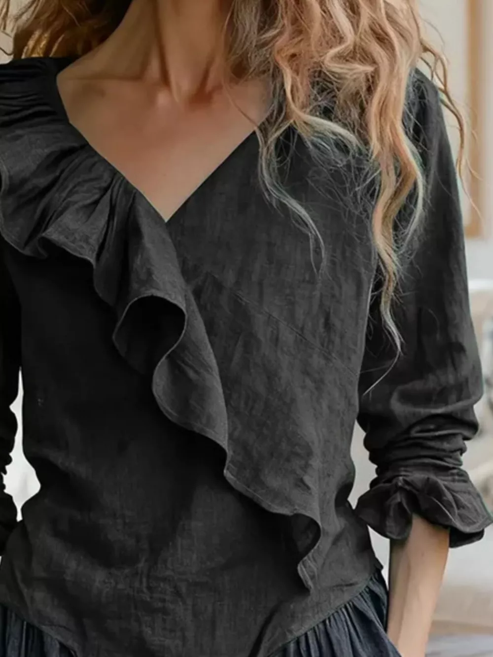 V-Neck Ruffled Long Sleeve Blouse, image 6