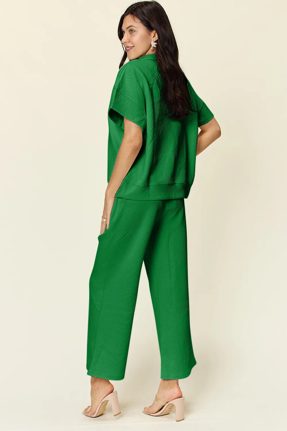 Full Size Texture Half Zip Short Sleeve Top and Pants Set, image 2
