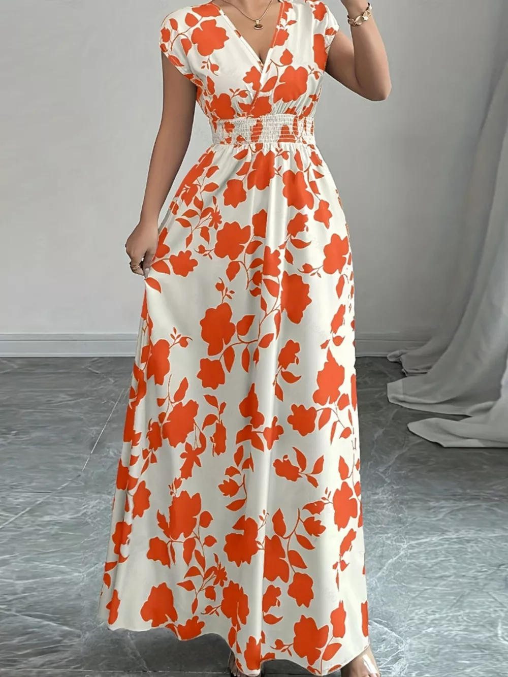 Printed Surplice Cap Sleeve Maxi Dress, image 2