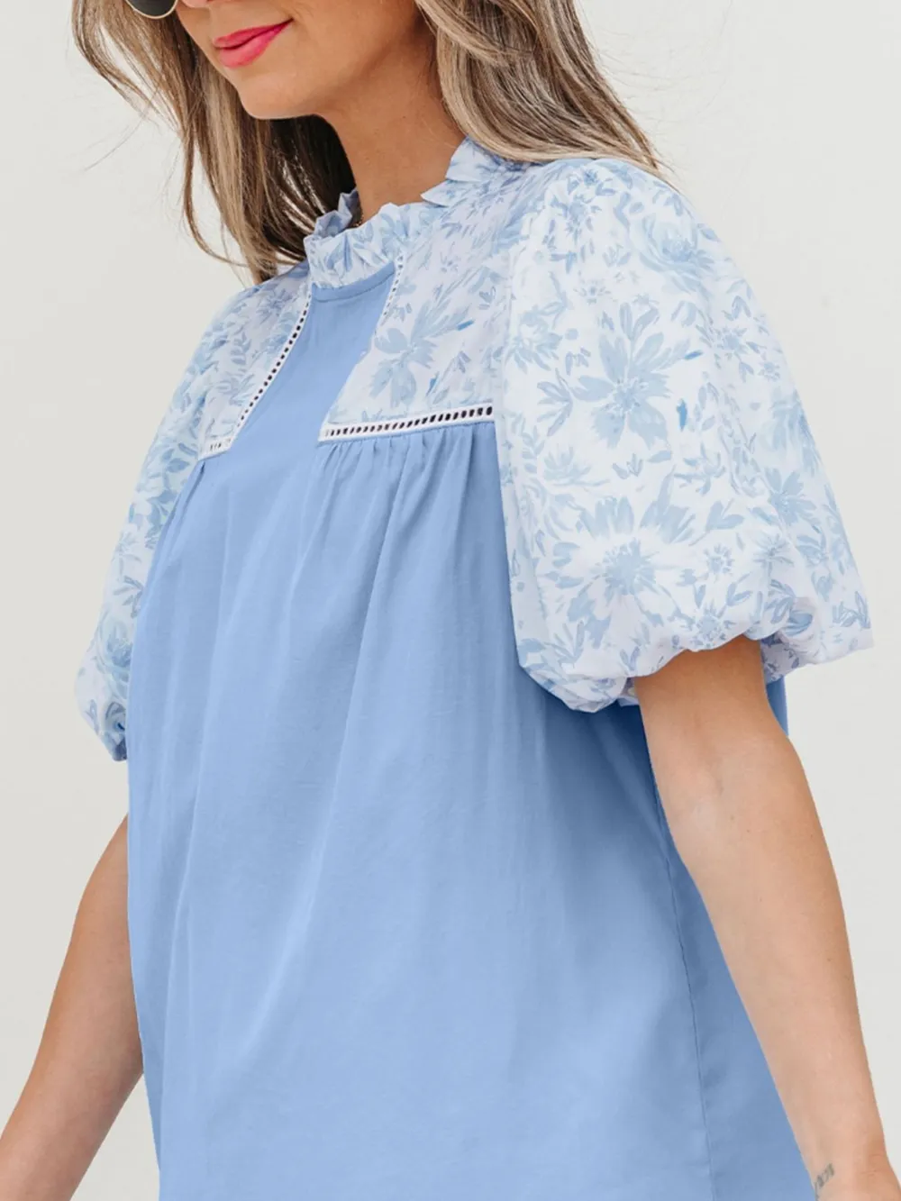 Lace Insert Floral Puff Sleeve Patchwork Loose Blouse, image 2