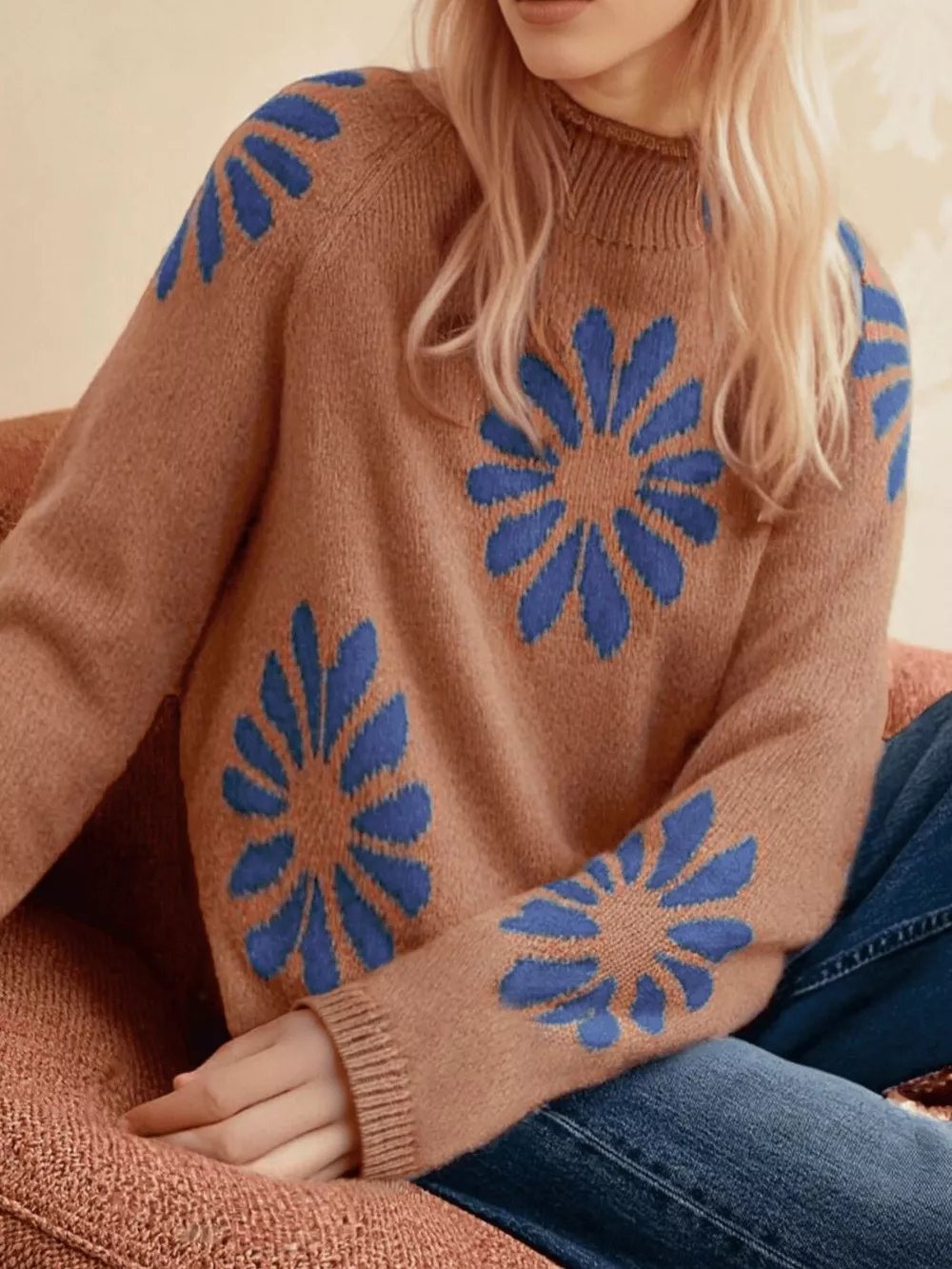 Flower Mock Neck Raglan Sleeve Sweater, image 3