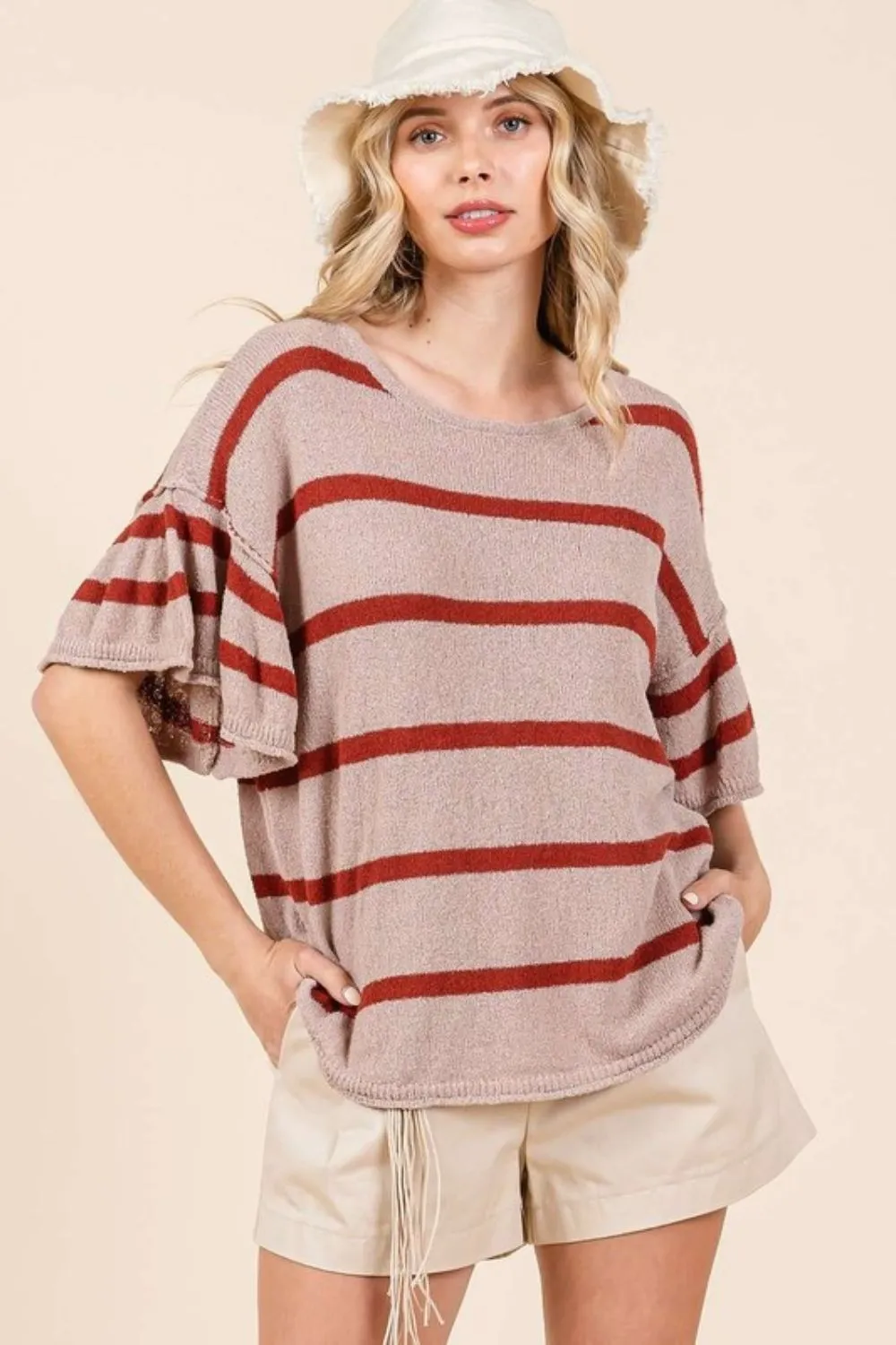 Striped Flounce Sleeve Knit Top, image 4