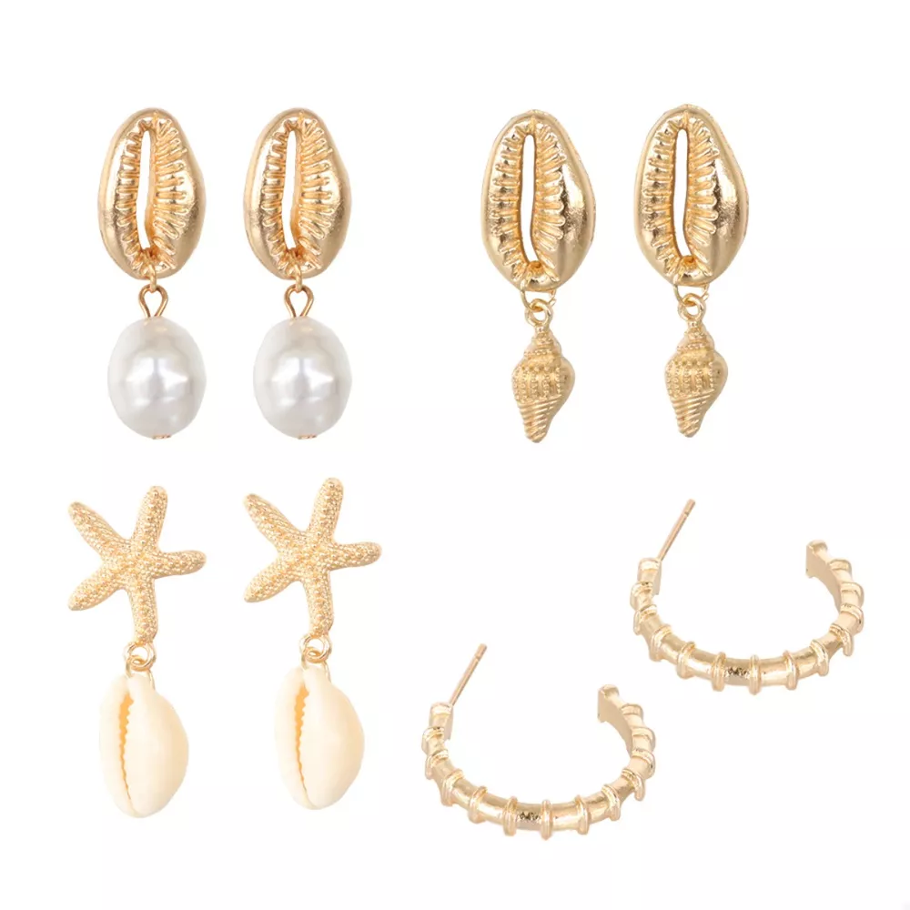 4 Pair 18K Gold-Plated Shell Minimalist Earrings, image 6