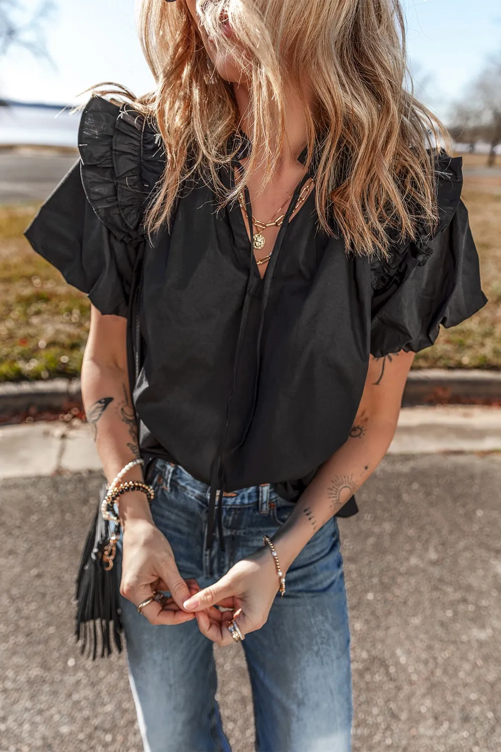Ruffled Puff Short Sleeve Loose Blouse, image 2