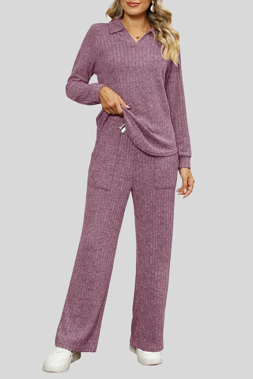 Ribbed Long Sleeve Top and Pocketed Pants Set, image 28