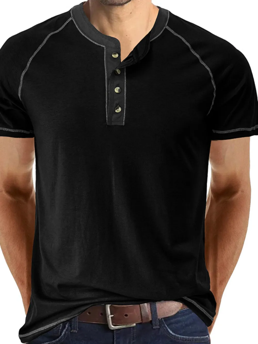 Men's Contrast Trim Henley Polo Shirt, image 7