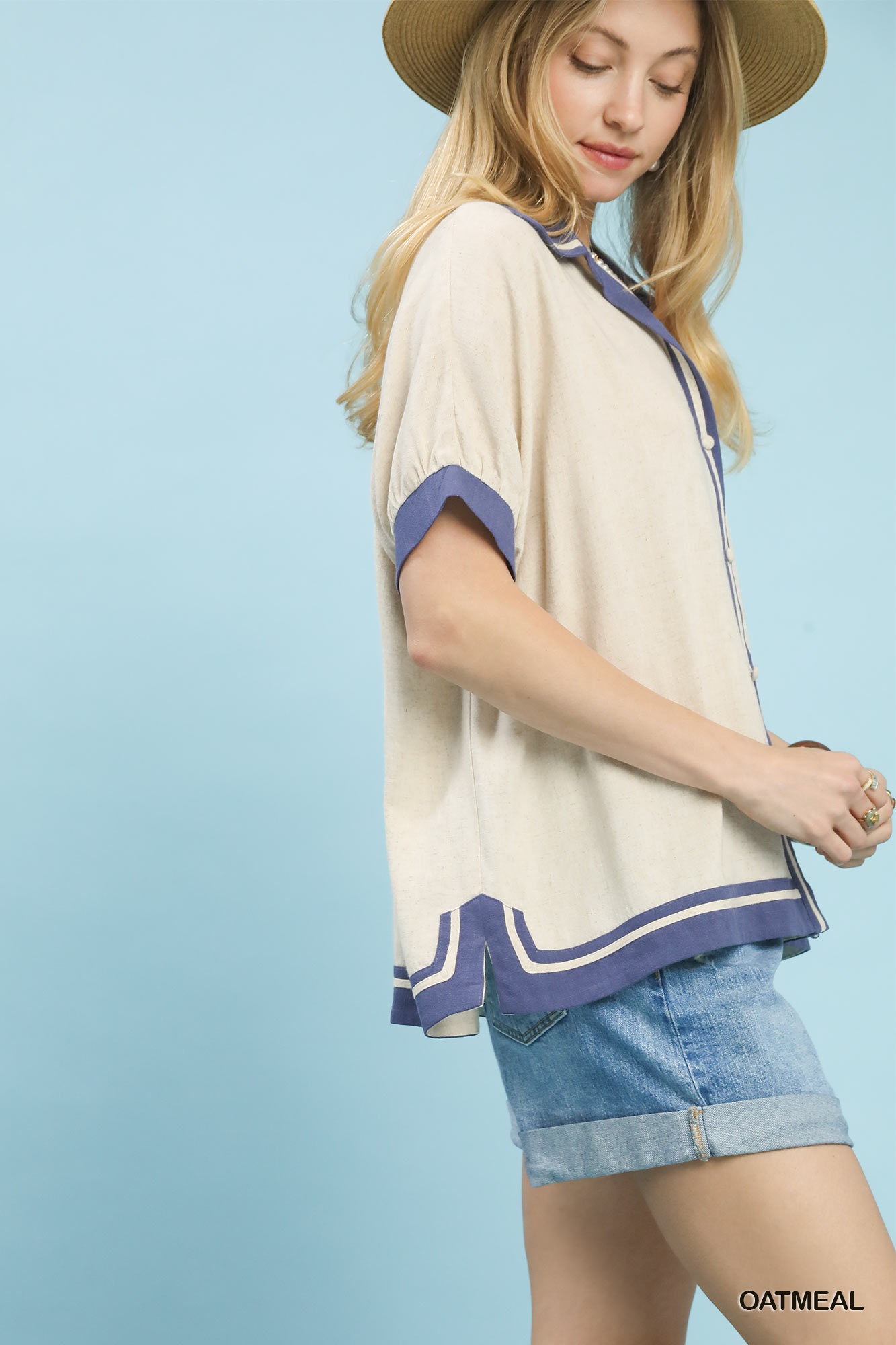 Linen Button Front Top with Contrast Piping, image 2