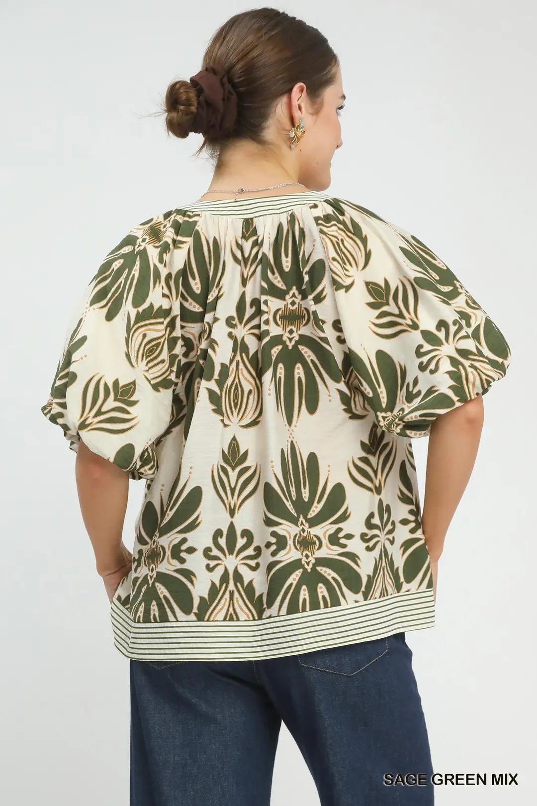 Mix Printed Puff Sleeve Top with Contrast Trim, image 3