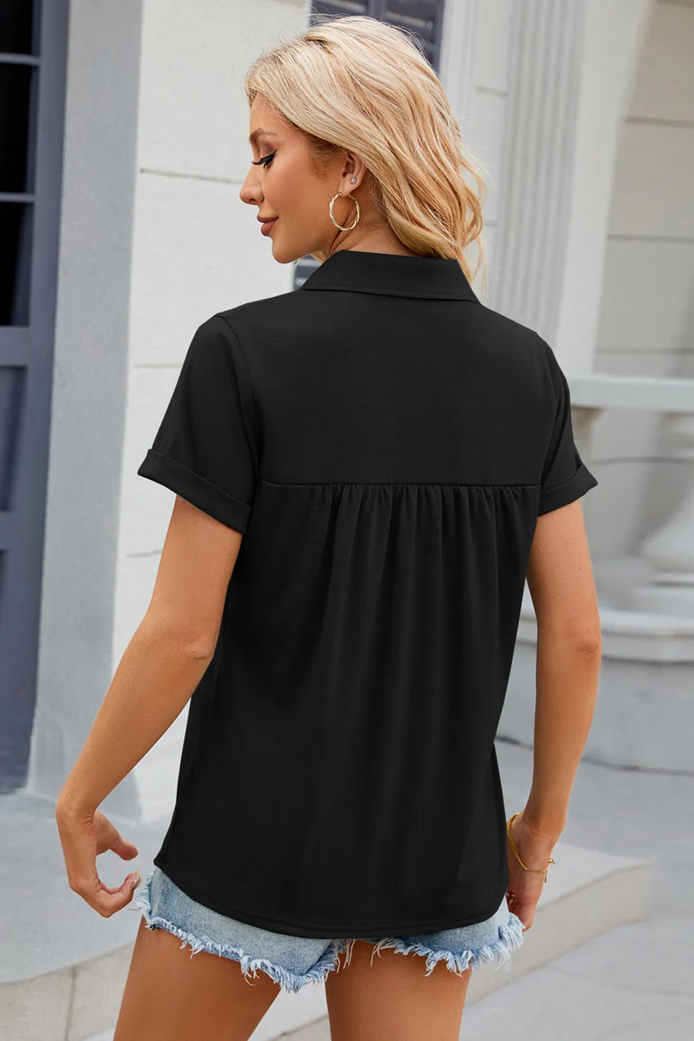 Ruched Johnny Collar Short Sleeve Blouse, image 24