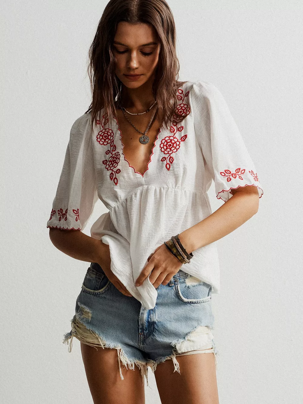 Embroidered Floral V-Neck Blouse, image 2