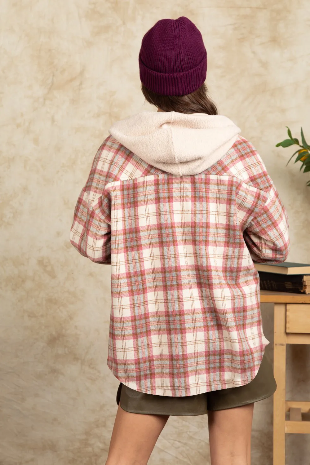 Drawstring Plaid Long Sleeve Hooded Jacket, image 3