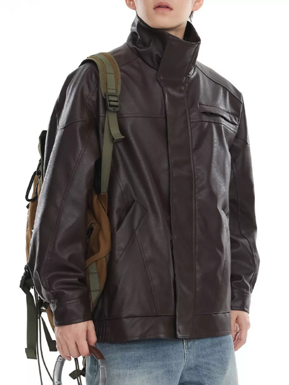 Men's Plus Size Stand Collar Leather Jacket, image 4