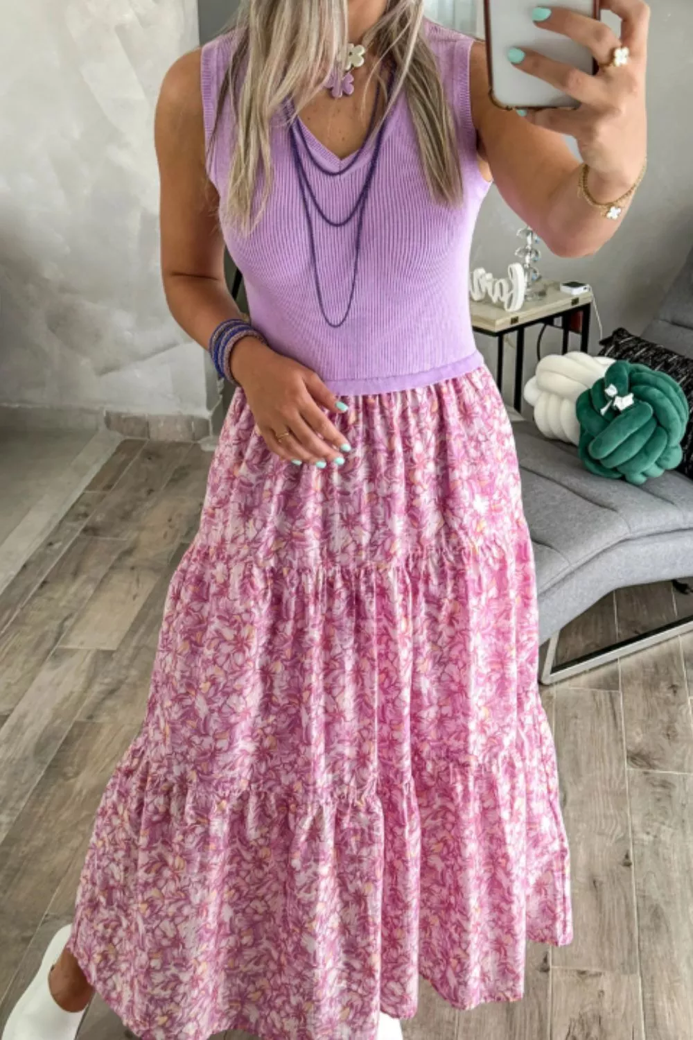 Ribbed V Neck Tank Floral Contrast Patchwork Dress, image 3