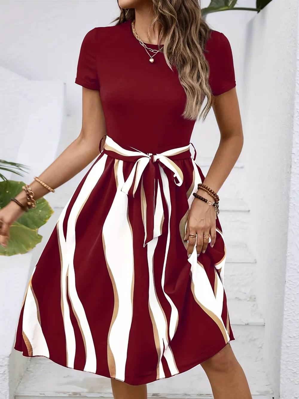Striped Short Sleeve Tie Waist Dress, image 10
