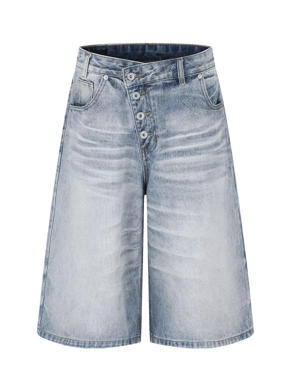 Men's High-Waisted Asymmetric Button-Fly Wide-Leg Denim Capris