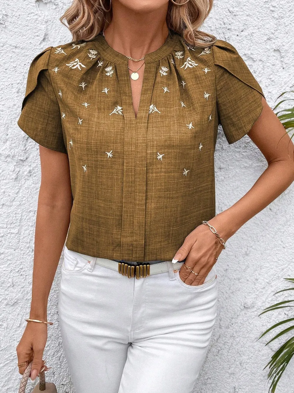 Floral Notched Short Sleeve Blouse, image 2