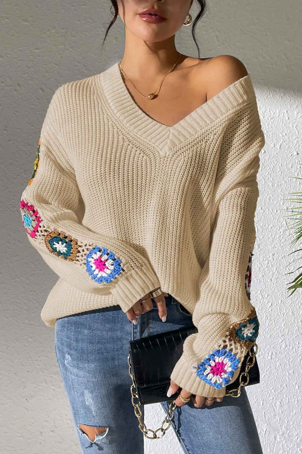 Crochet Flower V-Neck Sweater, image 15