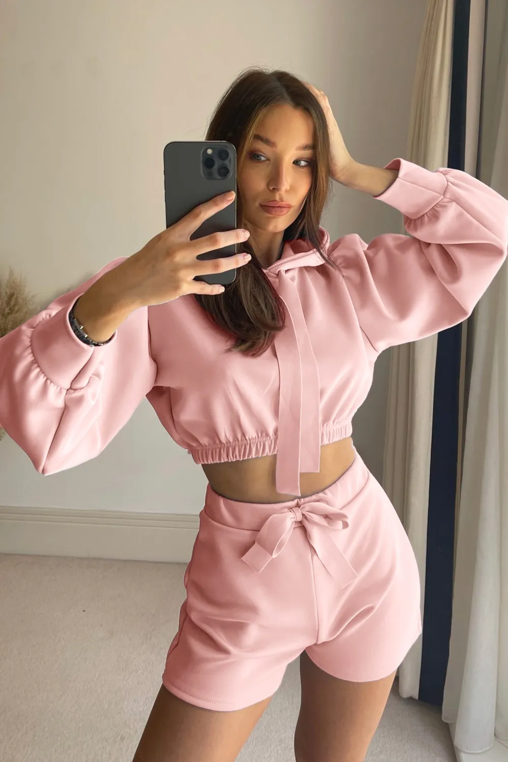 Drawstring Long Sleeve Hooded Top and Shorts Set, image 2