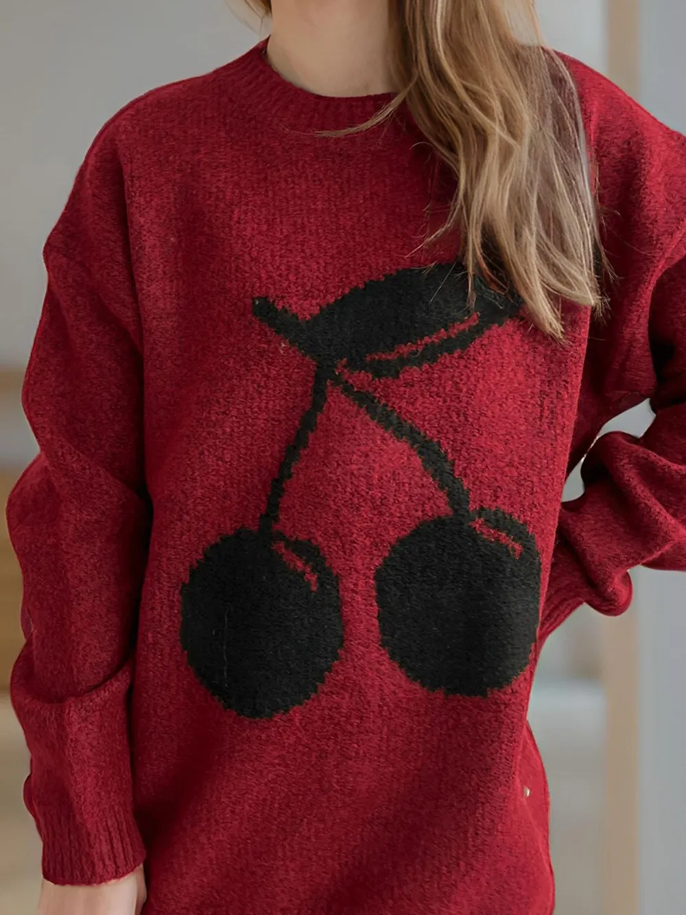 Cherry Round Neck Long Sleeve Sweater, image 11