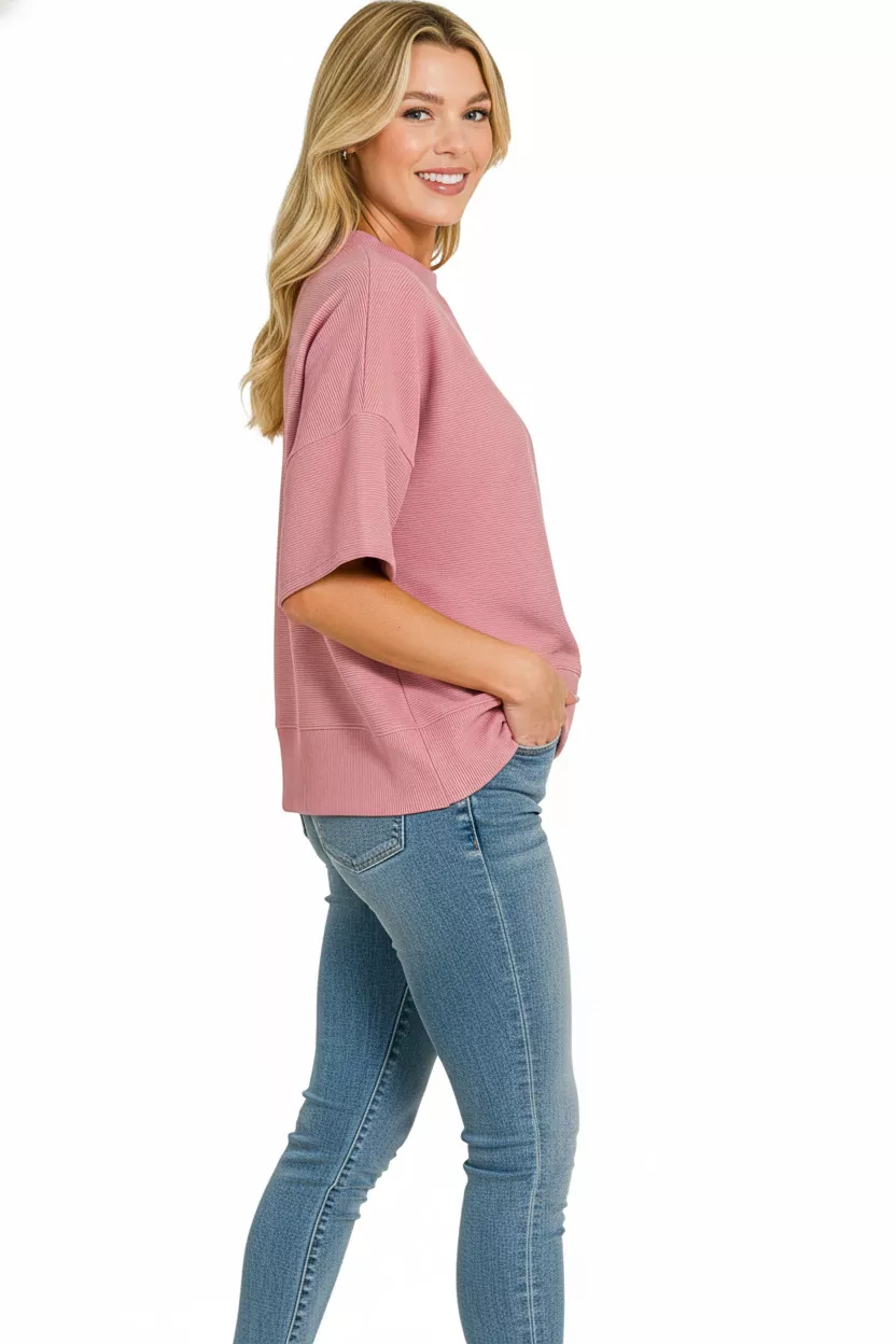 Ribbed Round Neck Waist Banded T-Shirt, image 2