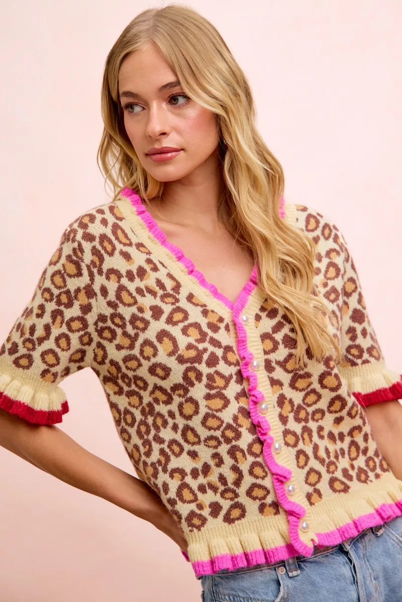 Leopard Patterned Ruffled Detail Button Cardigan