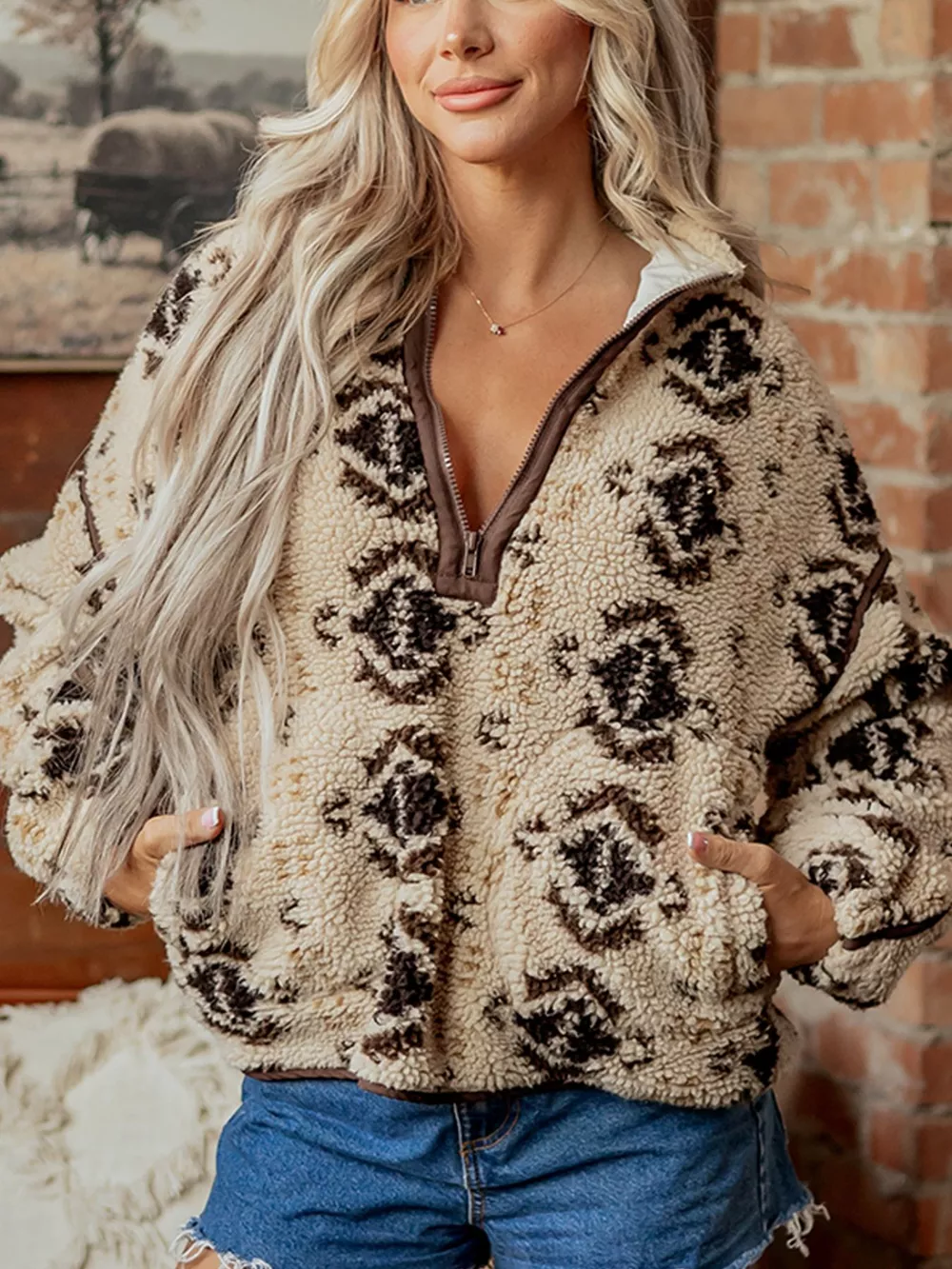 Aztec Print Quarter-Zip Sherpa Sweatshirt