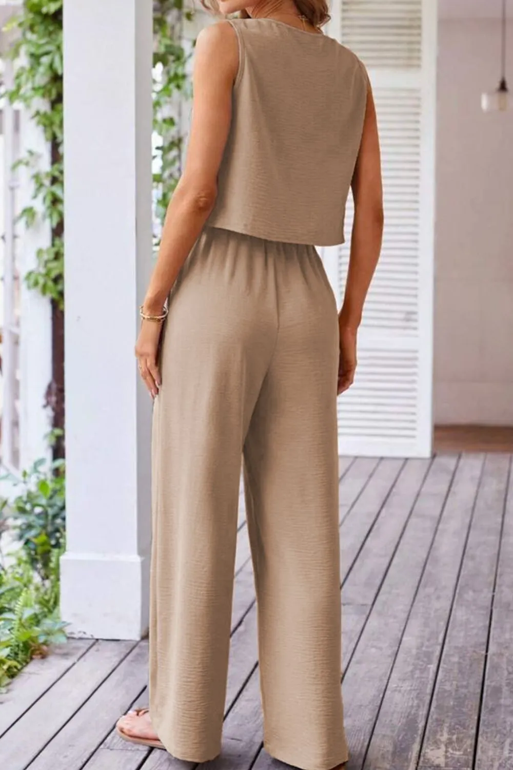 Button Down Vest and Drawstring Wide Leg Pants Set, image 3