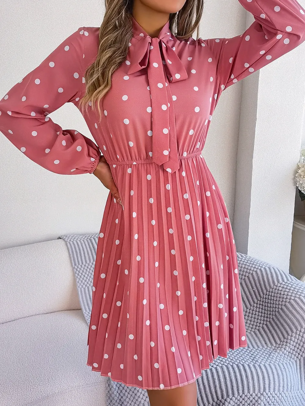 Polka Dot Tie Neck Pleated Dress, image 6