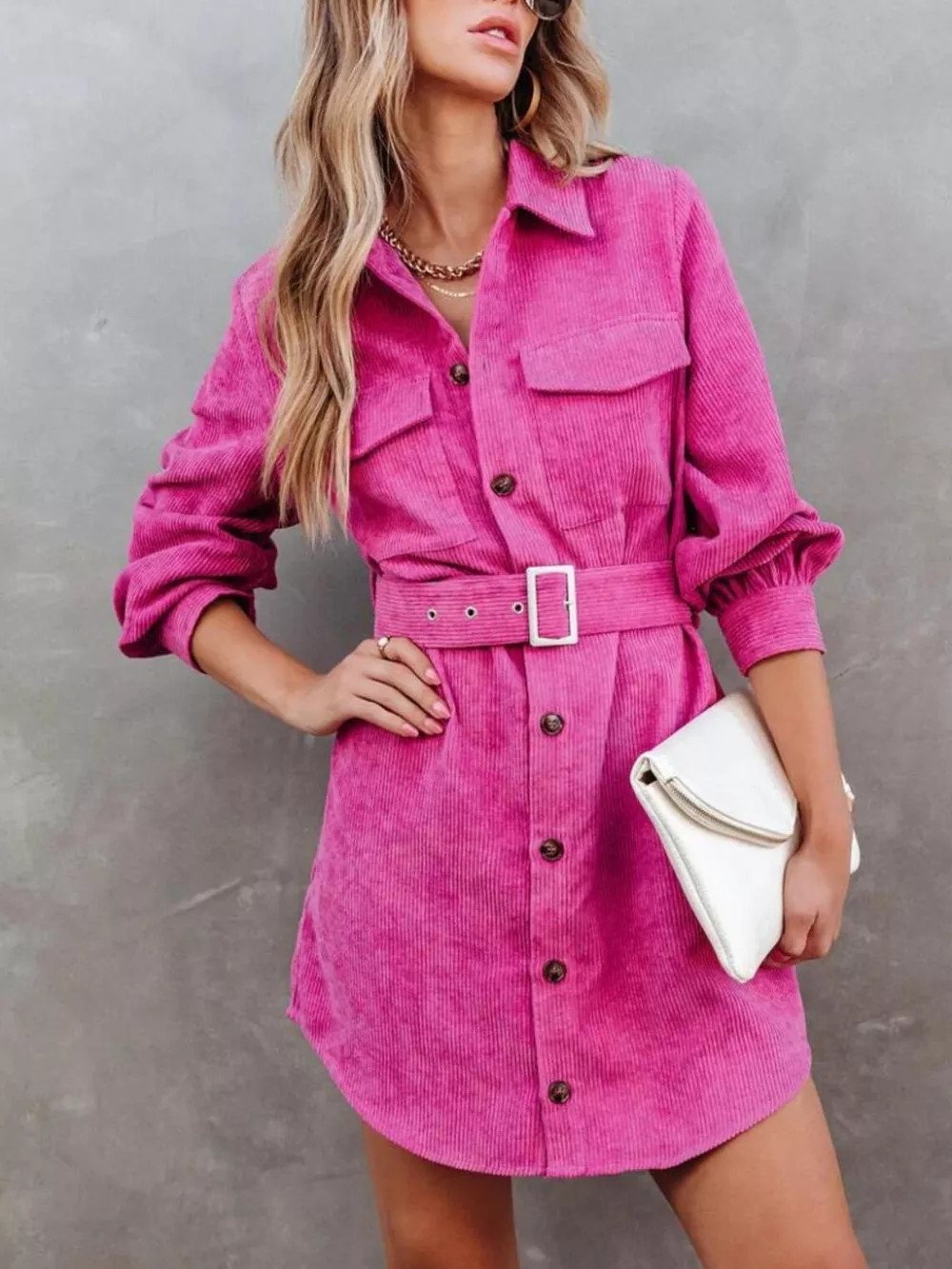 Button Front Belt Long Sleeve Corduroy Dress, image 2