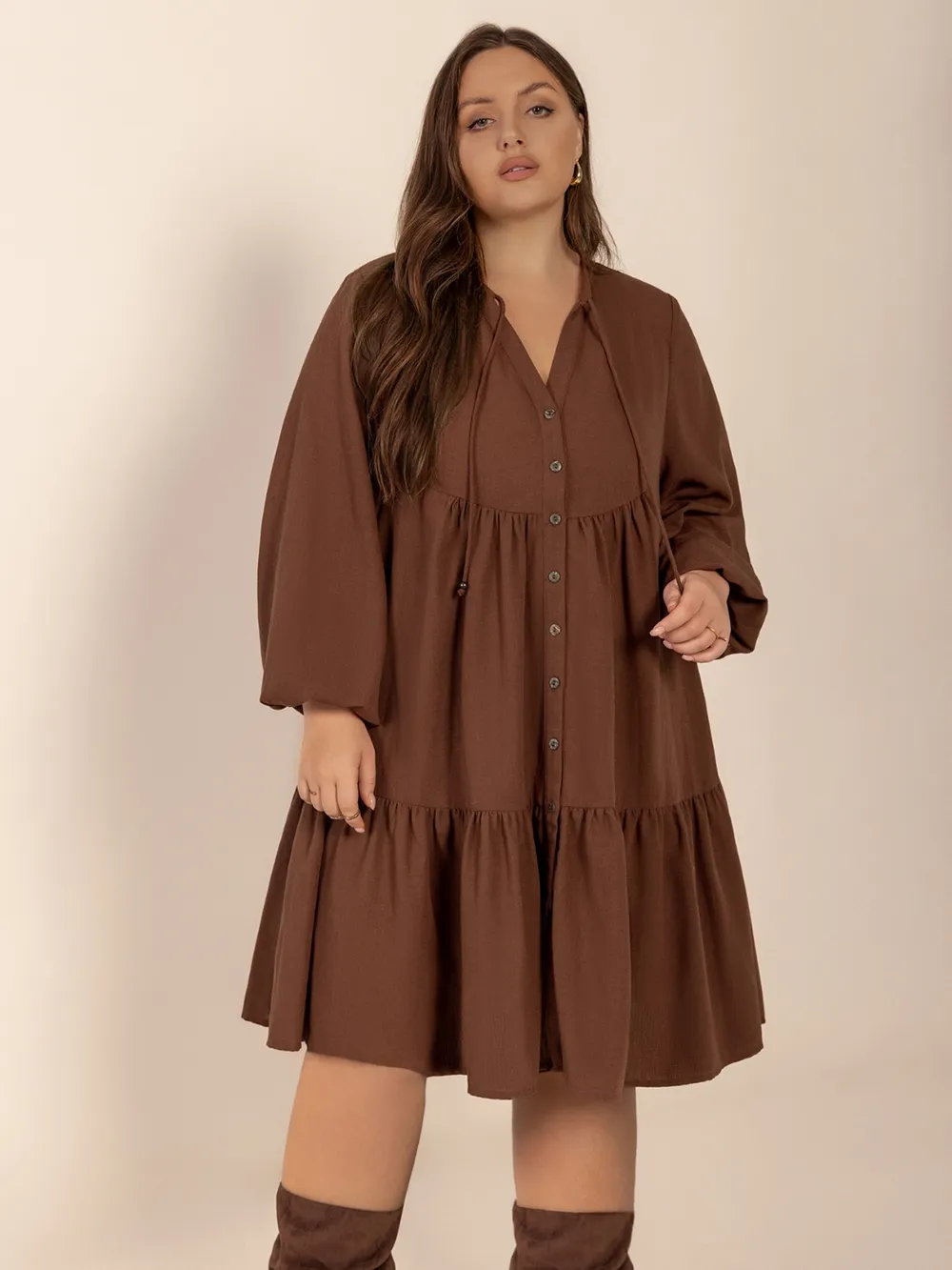 Plus Size Tie Neck Balloon Sleeve Tiered Dress, image 2