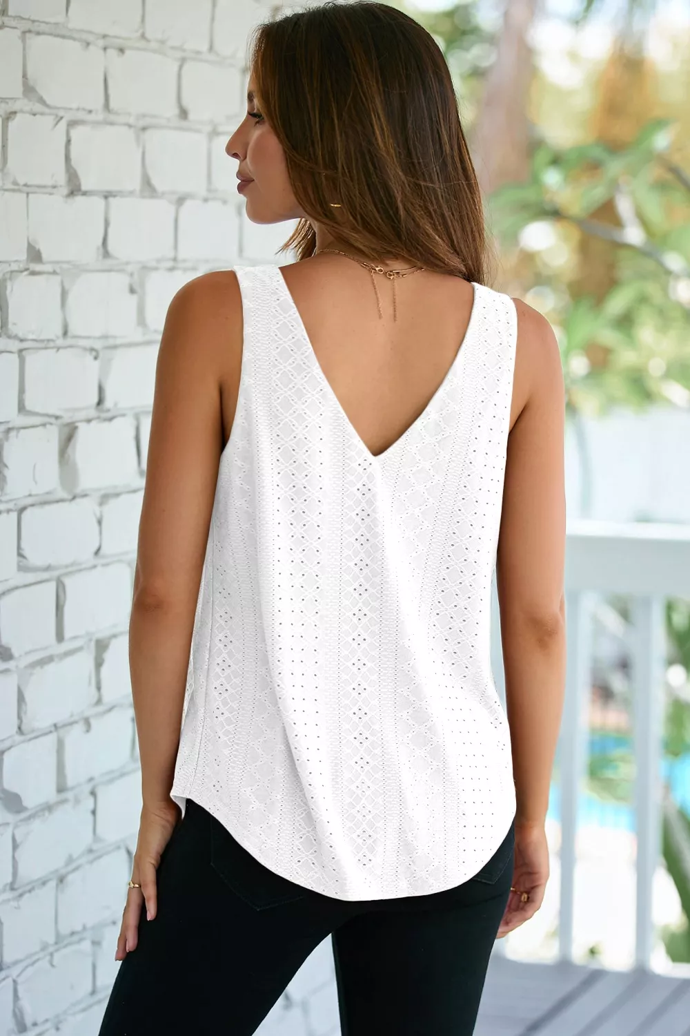 Eyelet Knit Patterned Loose V Neck Tank Top, image 5