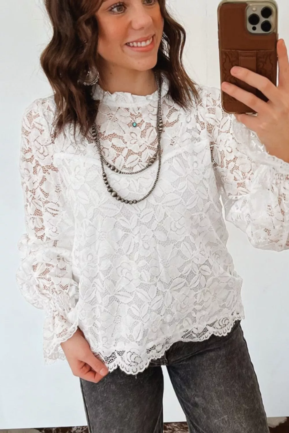 Ruffled Round Neck Long Flounce Sleeve Sheer Lace Blouse, image 3