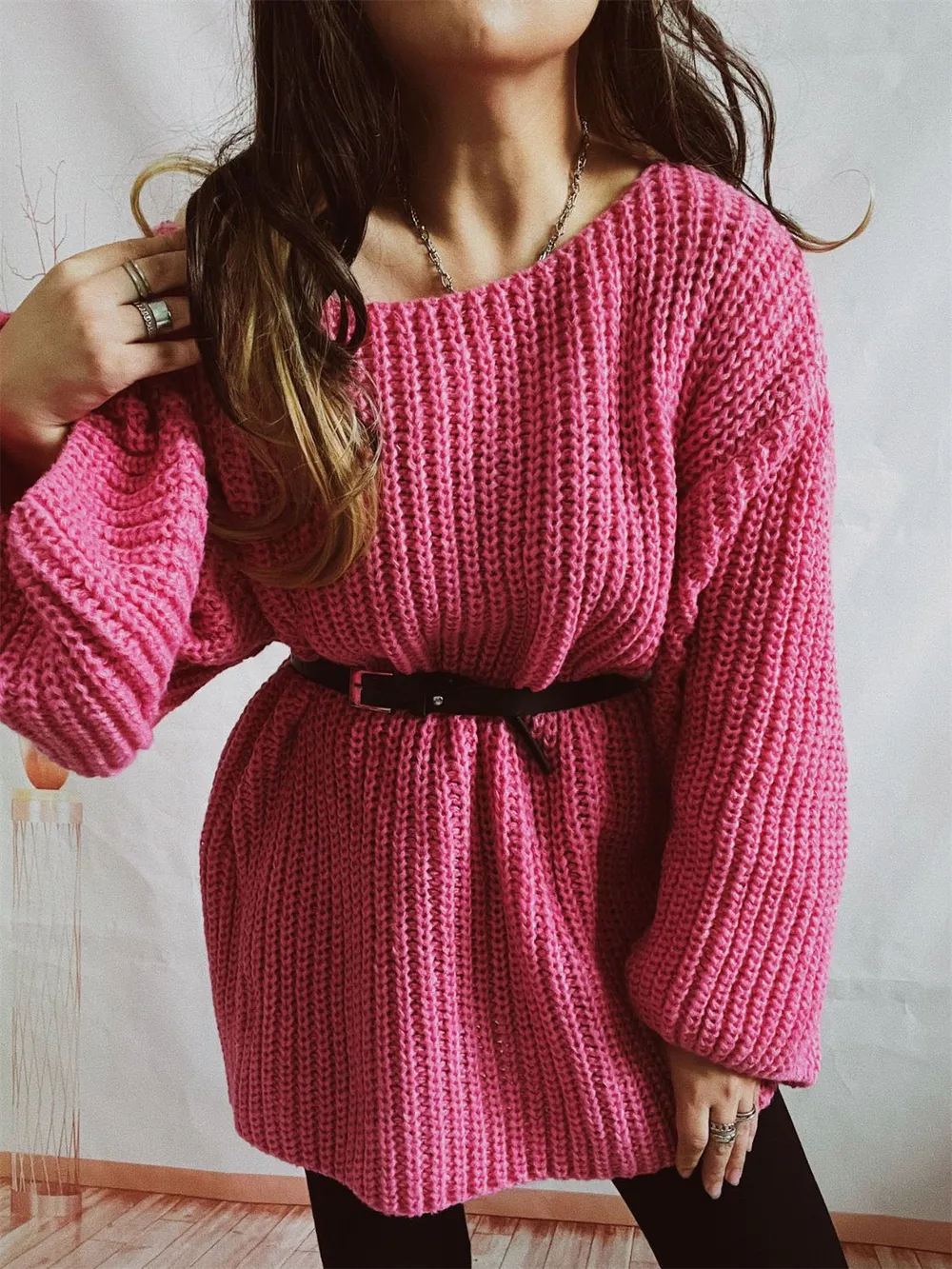 Boat Neck Long Sleeve Sweater with Belt, image 11