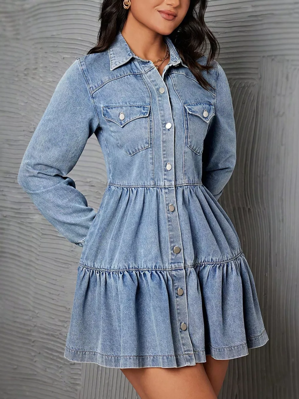 Button-Front Tiered Ruffle Denim Dress, image 3