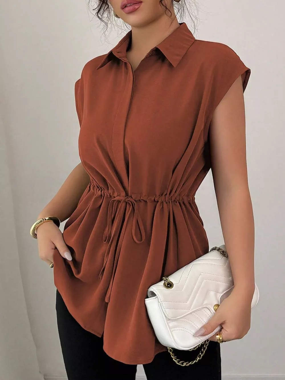 Drawstring Waist Cap Sleeve Shirt, image 3
