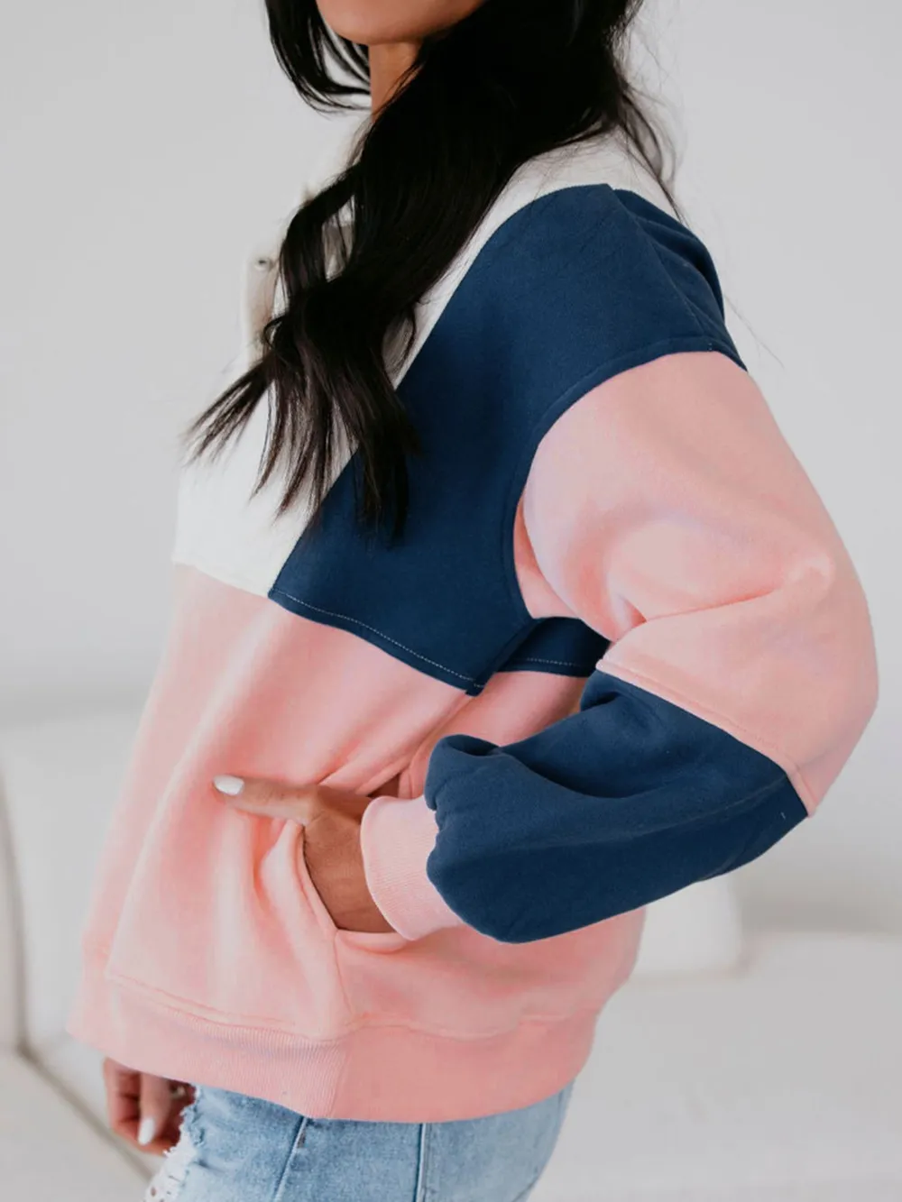 Colorblock Patchwork Half Button Baggy Sweatshirt, image 4