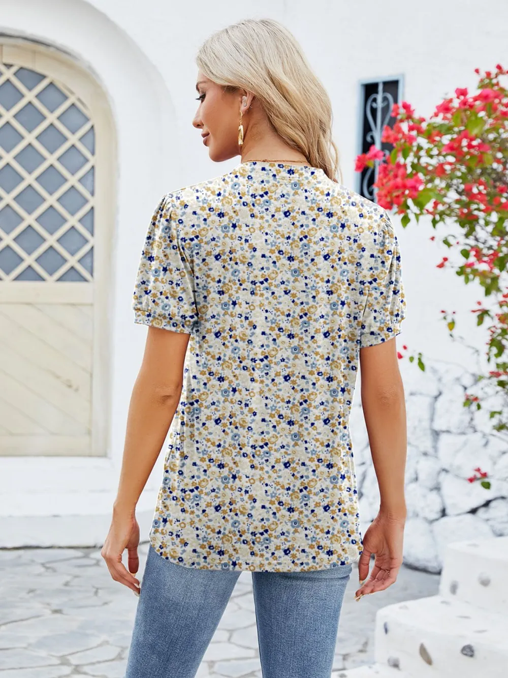 Ruched Printed Notched Short Sleeve Blouse, image 6