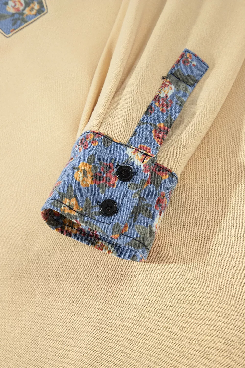 Floral Denim Patchwork Collar V Neck Long Sleeve Pullover Top, image 10