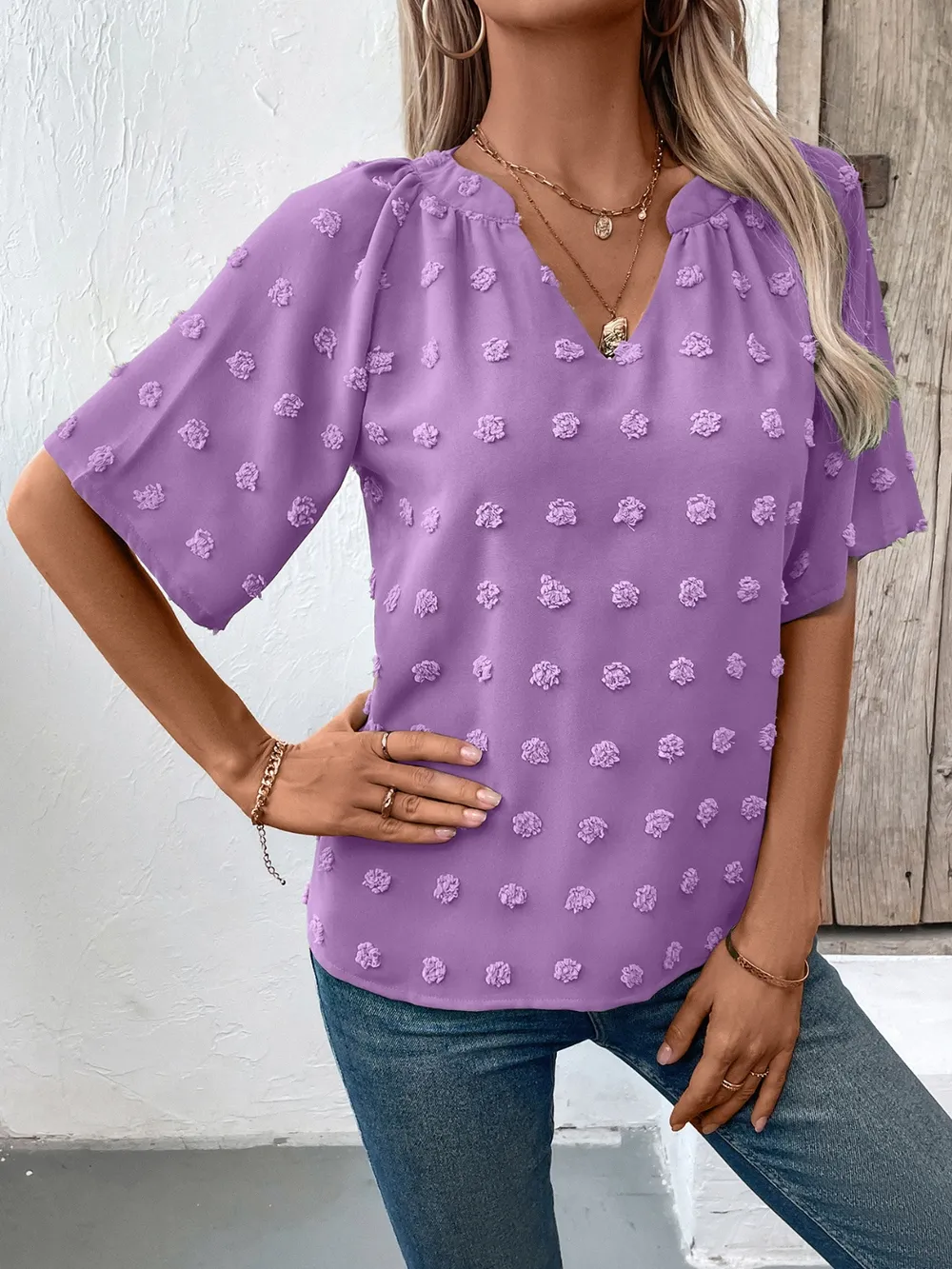 Swiss Dot Notched Half Sleeve Blouse, image 2
