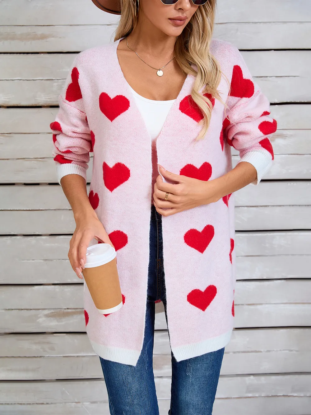 Heart Open Front Long Sleeve Cardigan, image 2