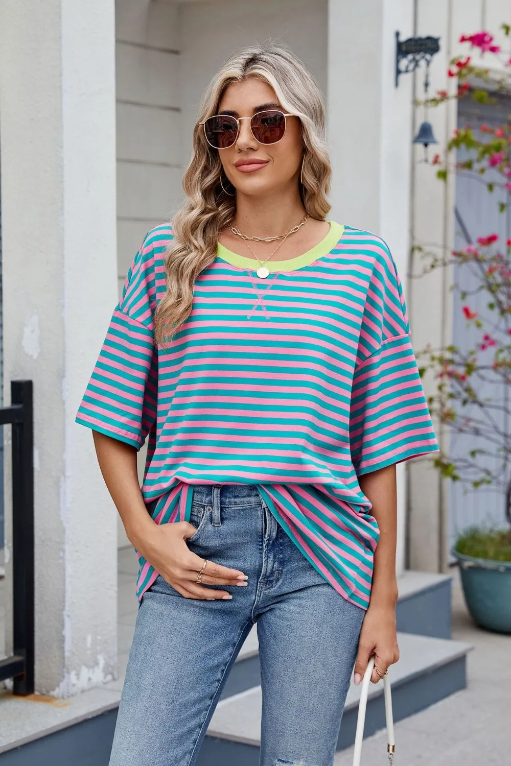 Contrast Striped Round Neck Half Sleeve T-Shirt, image 4