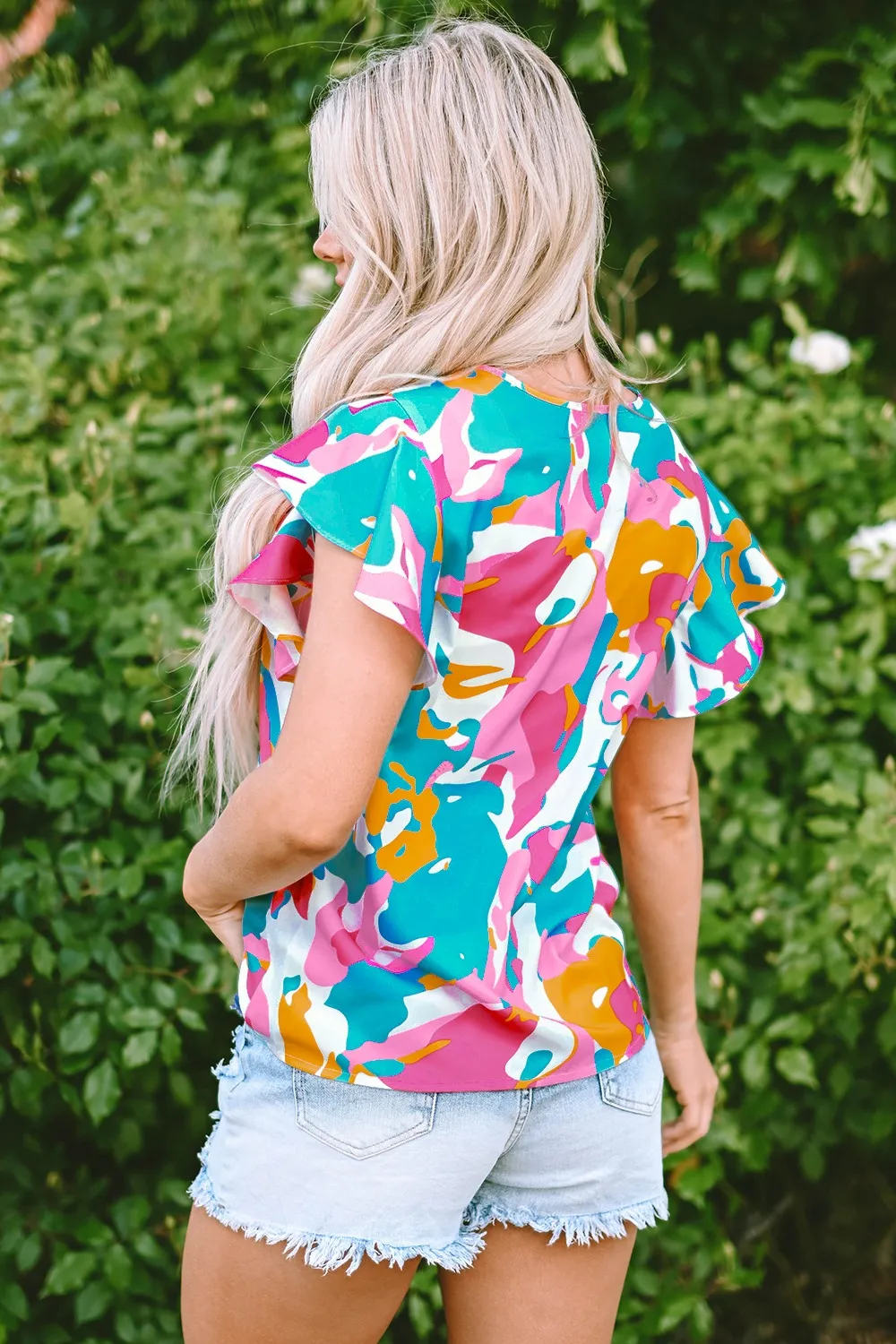 Ruffled Printed Notched Cap Sleeve Blouse, image 2