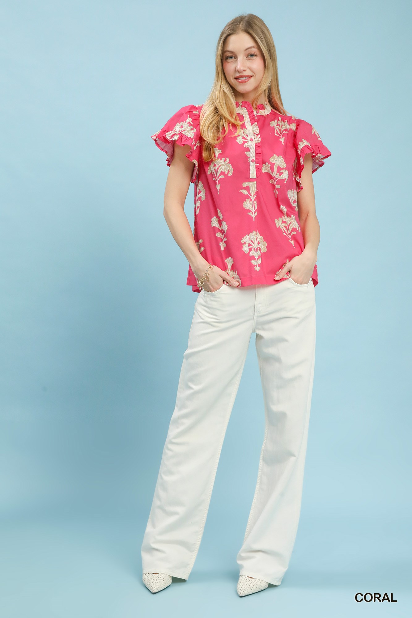 Floral Ruffle Sleeve Split-Neck Top, image 5