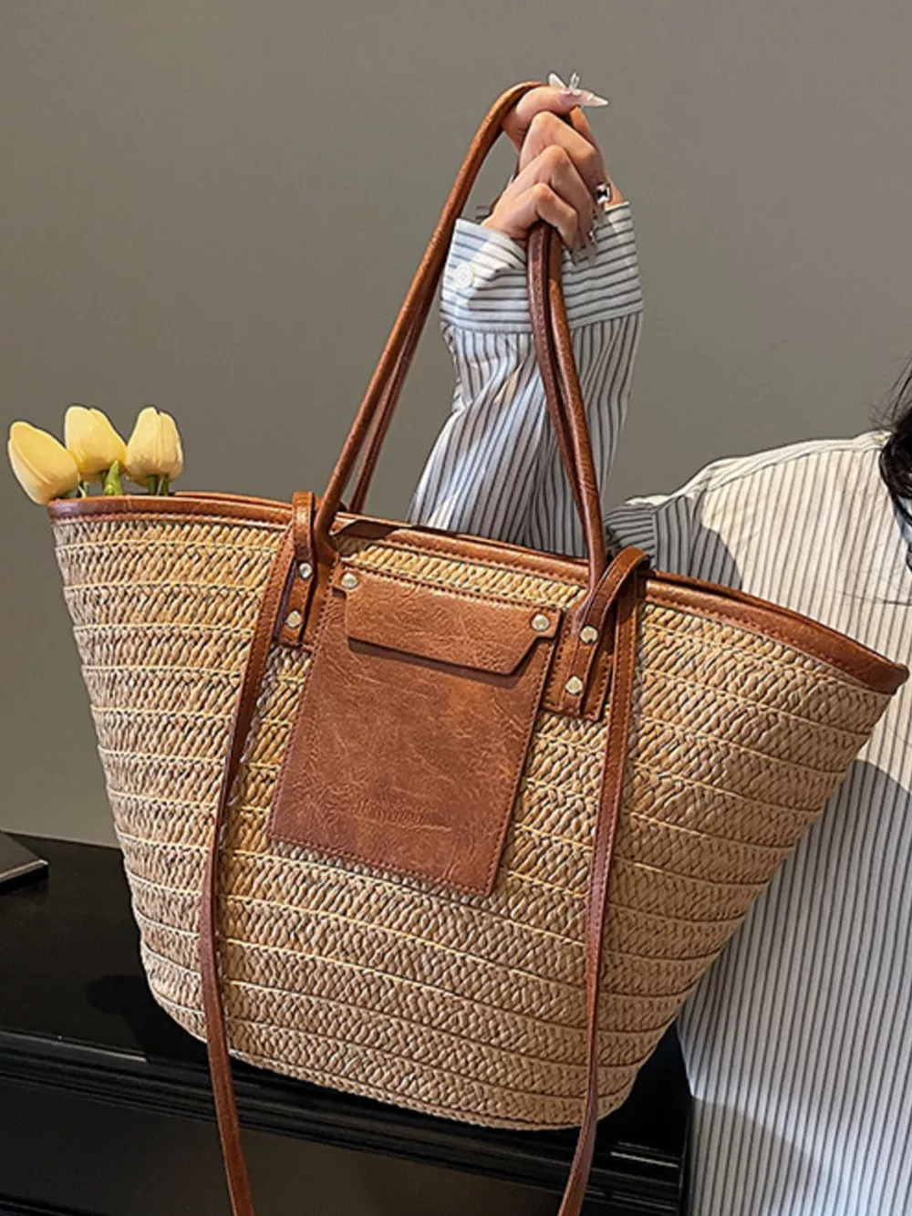 Straw Woven Shoulder Bag with Leather Accents, image 5
