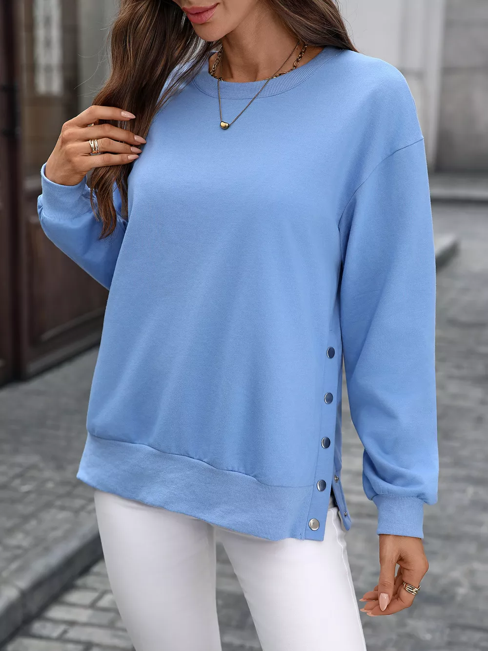 Side Snap Round Neck Sweatshirt, image 4