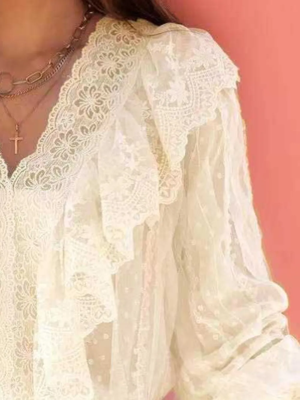 Lace Trim Ruffle V-Neck Long Sleeve Blouse, image 7