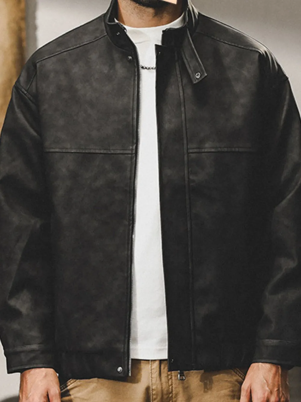 Men's Plus Size Zip Up Stand Collar Biker Jacket, image 3